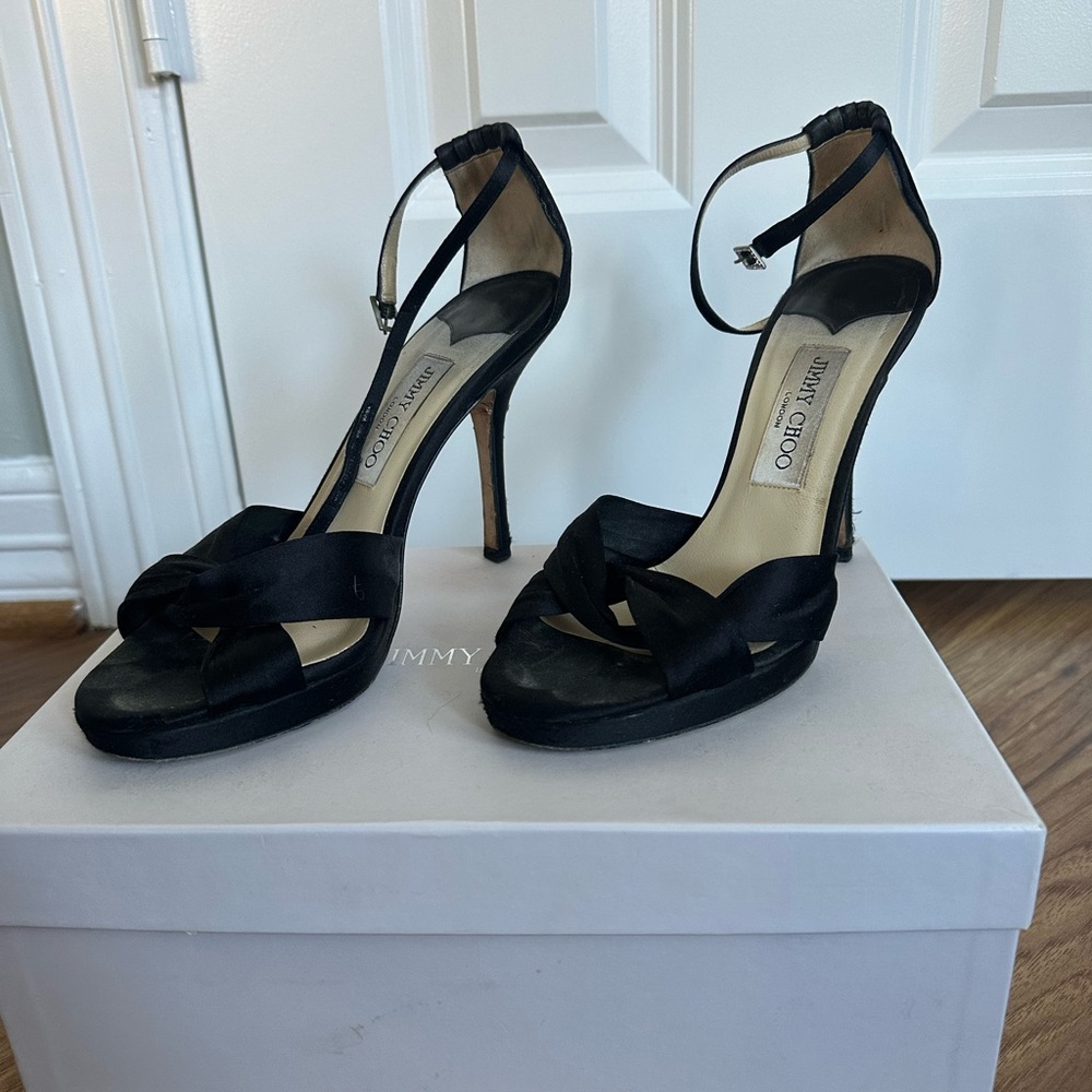 Jimmy Choo Black Satin Knotted Ankle-Strap Stilettos